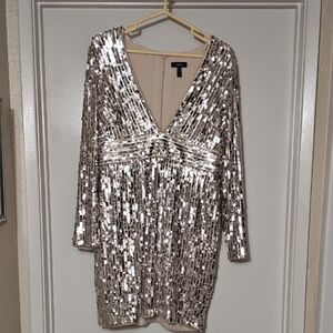 Aidan Mattox Long Sleeve Deep V Neck Sequin Dress Night Cocktail Womens